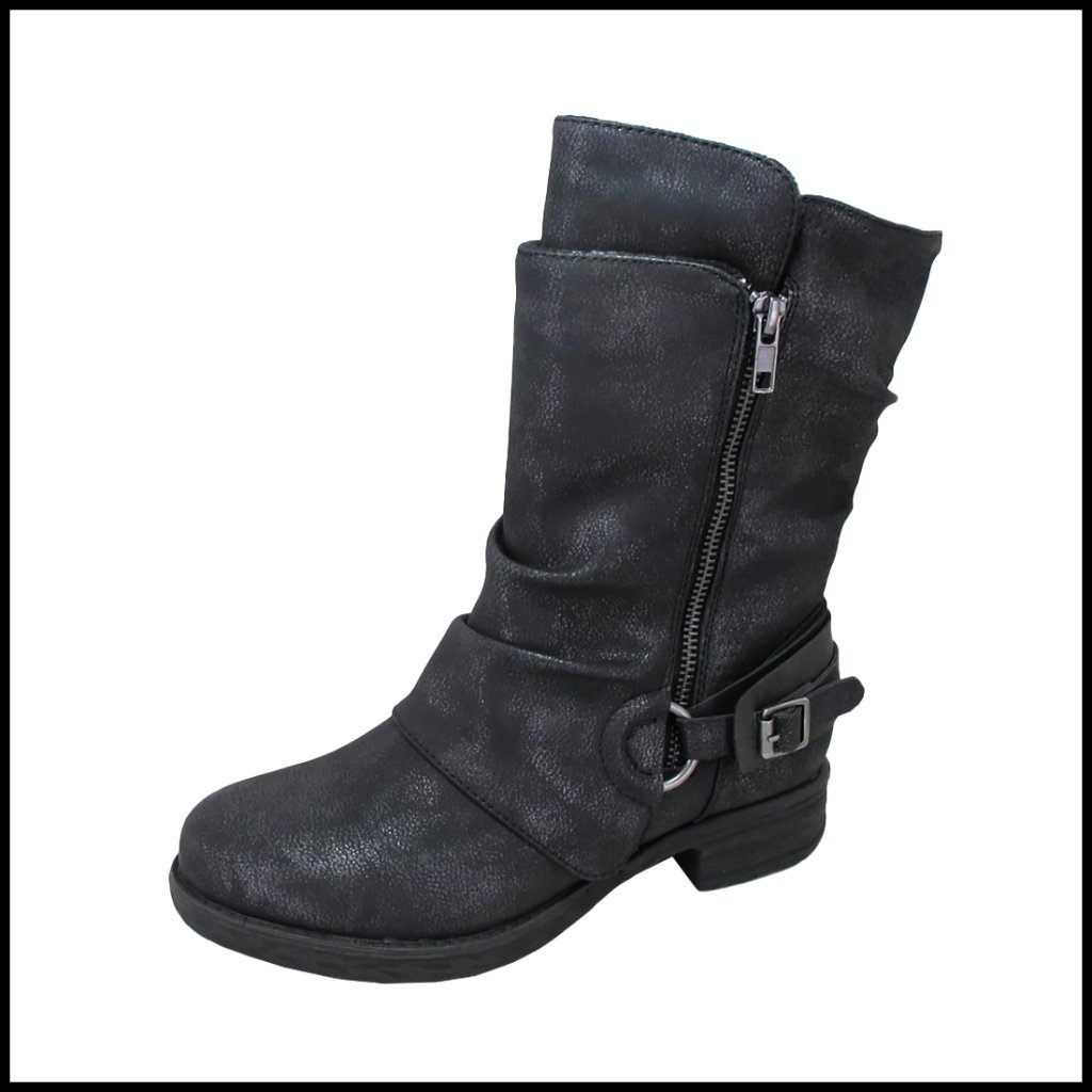 Mid-Calf Motorcycle Boots Block Heel Side Zipper Buckle Details Synthetic